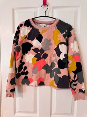 Boden Pink Floral Crewneck Sweatshirt with Mustard & Navy Accents